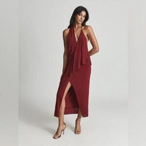 Reiss XENA STRAPPY OPEN BACK COCKTAIL DRESS maxi slit burgundy size 6